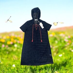 Blue Hooded Lace Cover Up Dress with Pink Accents